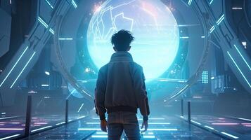 young male stepping into metaverse, digital art illustration, photo