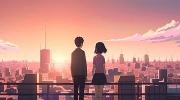 couple admires city skyline, digital art illustration, photo