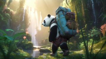 panda backpacker, digital art illustration, photo