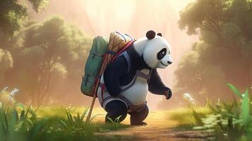 panda backpacker, digital art illustration, photo