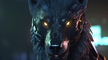 dark cyberpunk wolf, digital art illustration, photo