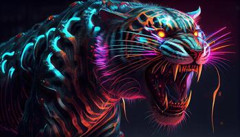 neon tiger, digital art illustration, photo