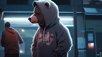 bear wearing hoodie, digital art illustration, photo