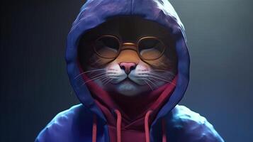 stylish cat wearing glasses and hoodie, digital art illustration, photo