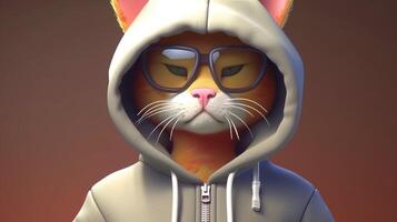 stylish cat wearing glasses and hoodie, digital art illustration, photo