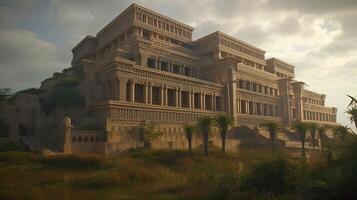 old babylonian stone palace, digital art illustration, photo