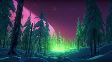 woodland with northern lights, digital art illustration, photo