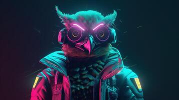 owl neonpunk, digital art illustration, photo