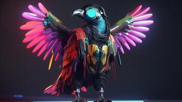 toucan colorful cyberpunk outfit, digital art illustration, photo