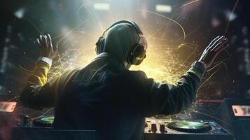 DJ wearing headphones, digital art illustration, photo