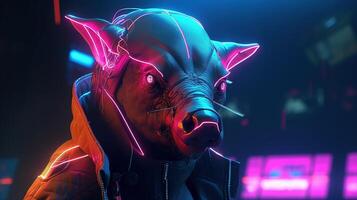 pig neon cyberpunk, digital art illustration, photo