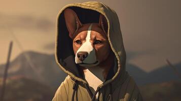 stylish basenji dog wearing hoodie, digital art illustration, photo