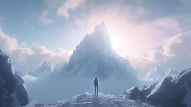 person stand in front icy peak, digital art illustration, photo