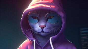 stylish cat wearing glasses and hoodie, digital art illustration, photo