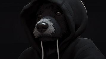 dog in black cotton hoodie, digital art illustration, photo