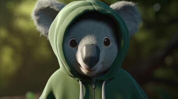 koala wearing green hoodie, digital art illustration, photo