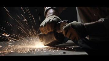 man sparks metal with angle grinder, digital art illustration, photo
