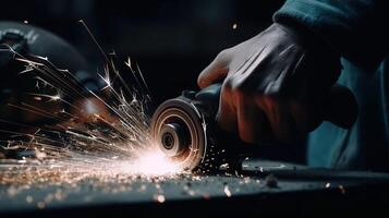 man sparks metal with angle grinder, digital art illustration, photo