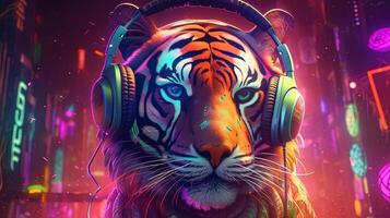 tiger with headphones, digital art illustration, photo