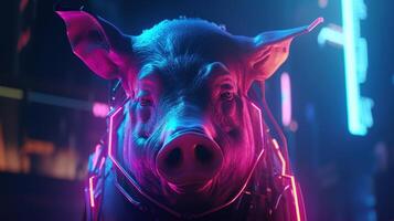 pig neon cyberpunk, digital art illustration, photo