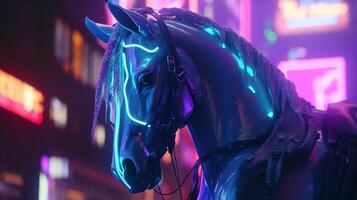 majestic horse cyberpunk, digital art illustration, photo