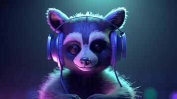 raccoon in headphones, digital art illustration, photo