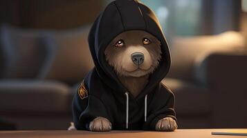 dog in black cotton hoodie, digital art illustration, photo