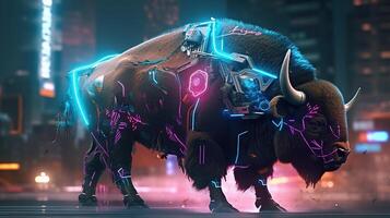 bison cyberpunk, digital art illustration, photo