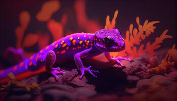 neon gecko, digital art illustration, photo