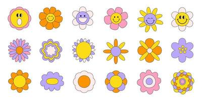 Groovy retro set funny cartoon flowers isolated on a white background. Trendy sticker plants pack in psychedelic style 60s, 70s. Vector illustration