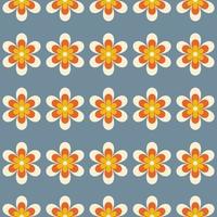 Abstract retro seamless pattern with geometric daisy flowers on a blue background. Colorful groovy vector illustration in style 60s, 70s