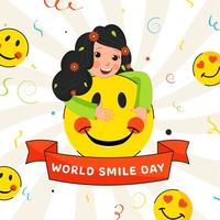 World Smile Day Ribbon with Cute Girl Hugging Smile Emoji on Confetti Rays Background. vector