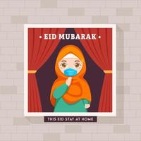 islámico festival concepto, musulmán mujer vistiendo máscara da la bienvenida en ocasión de Eid. eid Mubarak concepto durante COVID-19. vector