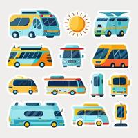 Sticker Style Eco Or Electric Bus Icon Set. vector