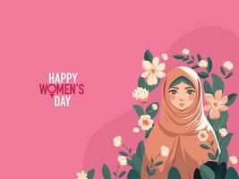 contento De las mujeres día concepto con musulmán joven niña personaje vistiendo hijab en floral decorado antecedentes. vector