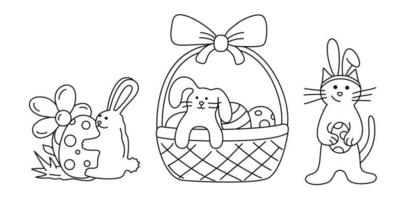 Set of three vector black line easter illustrations.