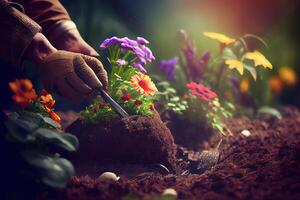 Gardener planting flowers in the garden, close up photo. photo