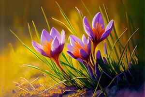 Spring Flowers - Crocus Blossoms On Grass With Sunlight. photo