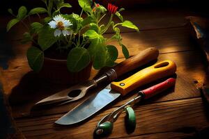 Outdoor gardening tools on old wood table. photo