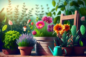 Gardening Concept. Garden Flowers and Plants on a Sunny Background. photo