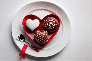 Surprising Heart-shaped plate and Valentines Day decorations on table photo