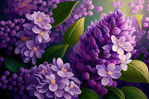 Purple lilac flowers blossom in garden, spring background. photo