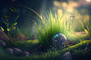 Earth grass at garden in morning, ecology and world sustainable environment concept. photo