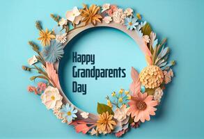 Happy Grandparents Day round frame shape Wooden piece decorated with flowers. photo