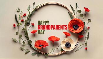 Happy Grandparents Day Round frame wreath with red poppies bloom and branche. photo