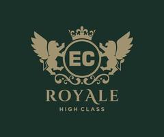 Golden Letter EC template logo Luxury gold letter with crown. Monogram alphabet . Beautiful royal initials letter. vector