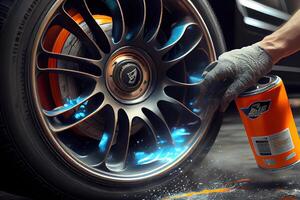 Coated wheels cleaning in hand. photo
