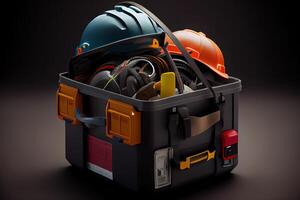 Safety Helmet With Tools In The Black Container. photo