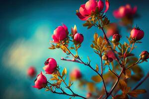 atractivo hermosa primavera borde, floreciente Rosa arbusto en un azul antecedentes. generativo ai foto