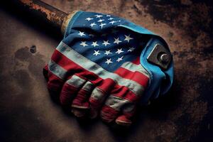 Worn work glove holding old wrench and US American flag. photo
